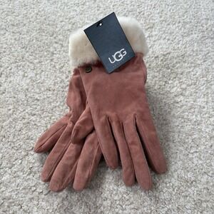 New Women's UGG Pink Shearling Suede Leather Gloves Size M